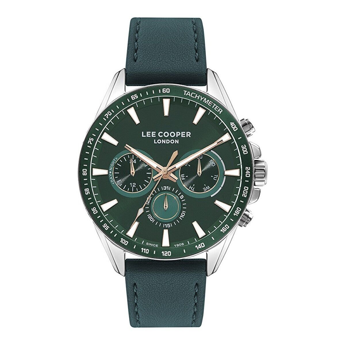 Lee Cooper Yeşil Kadran Erkek Kol Saati, Yeşil Deri Kordon, 46mm, Mineral Cam,5ATM