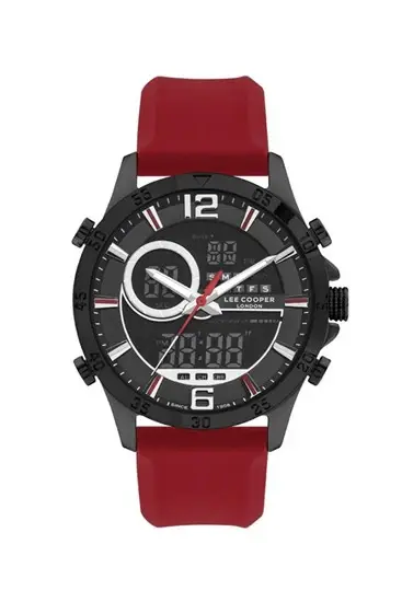 Lee Cooper Dijital & Analog Erkek Kol Saati 42mm Kırmızı Silikon Kordon 5ATM Su Geçirmez