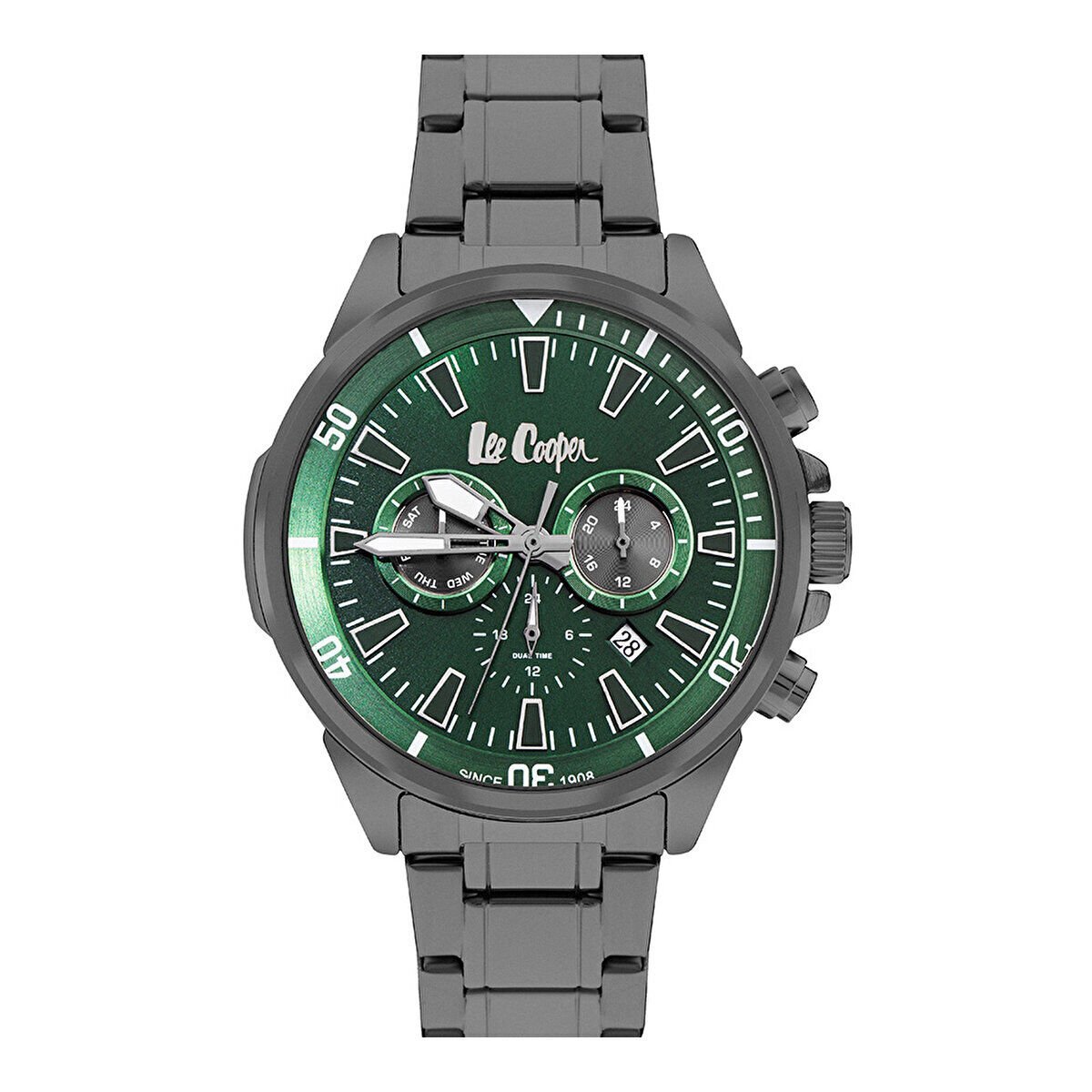 Lee Cooper Yeşil Kadran Gri Kordon Paslanmaz Çelik Erkek Kol Saati – 46 mm, 5 ATM, Mineral Cam