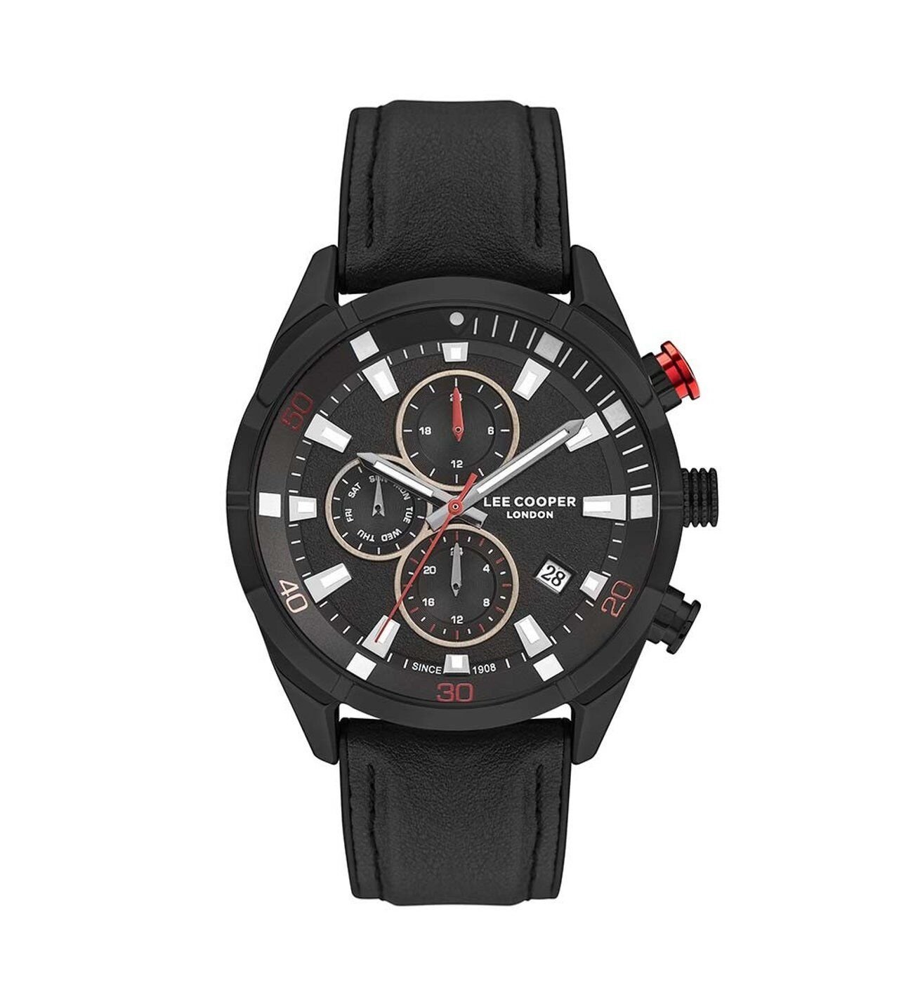 Lee Cooper Erkek Saati 45 mm Siyah Deri Kordon Siyah Kadran 5 ATM