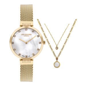 Lee Cooper Kadın Kol Saati – 35 mm, Beyaz Taşlı Kadran, Altın Rengi Hasır Kordon, 3 ATM