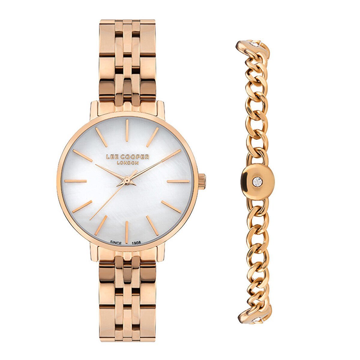 Lee Cooper Kadın Kol Saati – Beyaz Kadran, Pembe Altın, 34 mm, 3 ATM