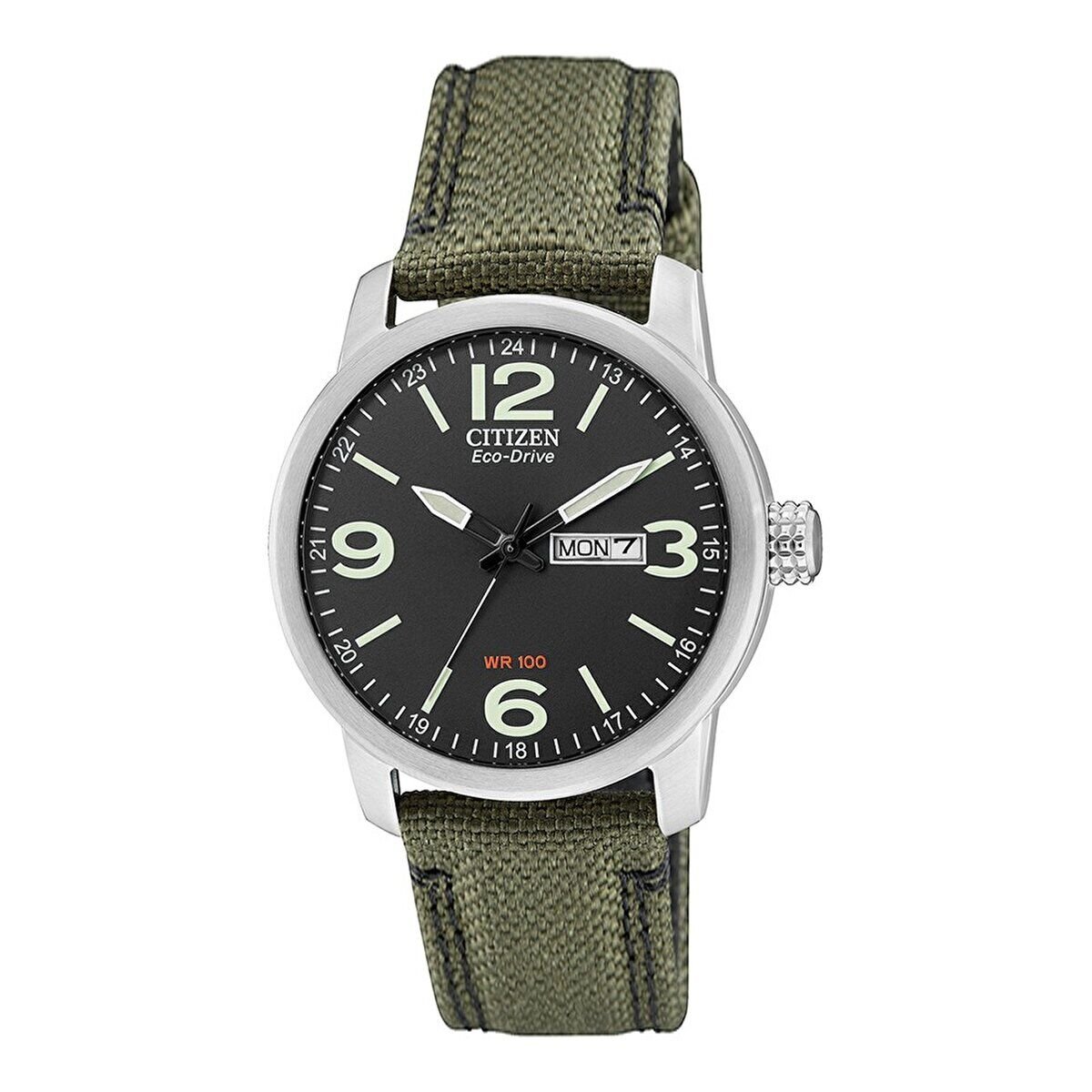 Citizen Eco-Drive Erkek Kol Saati – 45 mm, Haki Kordon, Analog, 10 ATM