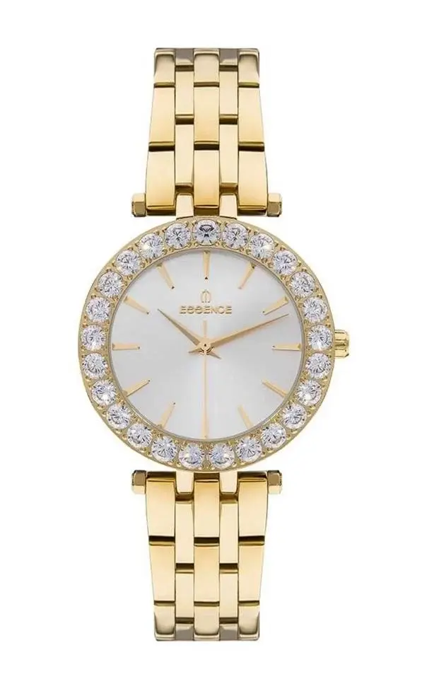 Essence Kadın Kol Saati 35 mm Taşlı Kasa Beyaz Kadran Altın Kordon 5 ATM