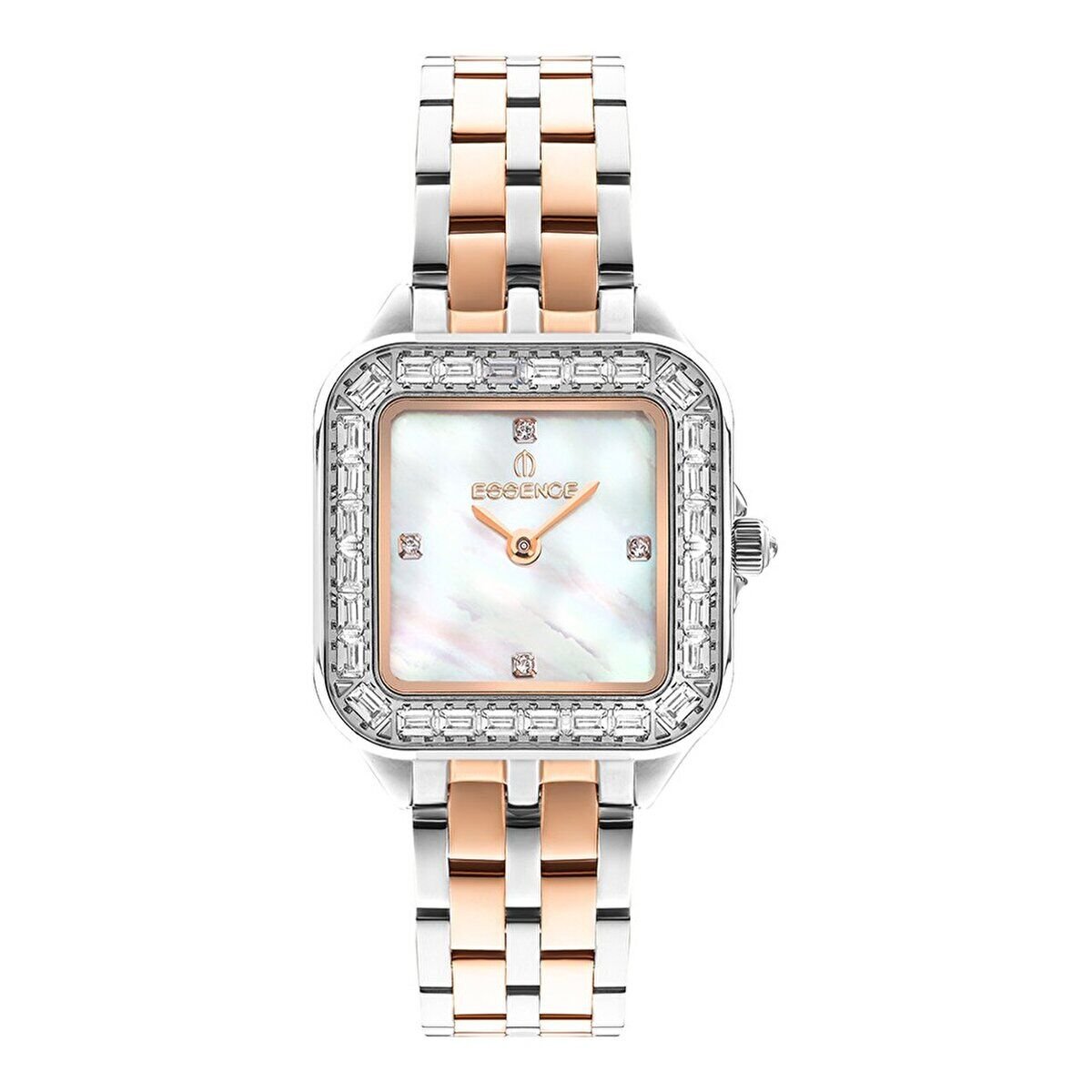 Essence Kadın Kol Saati 25 mm Taşlı Beyaz Kadran Rose Gümüş Kordon 5 ATM