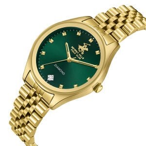 Beverly Hills Polo Club Kadın Kol Saati Gold Kordon Yeşil Kadran Safir Kaplamalı Cam 5 ATM