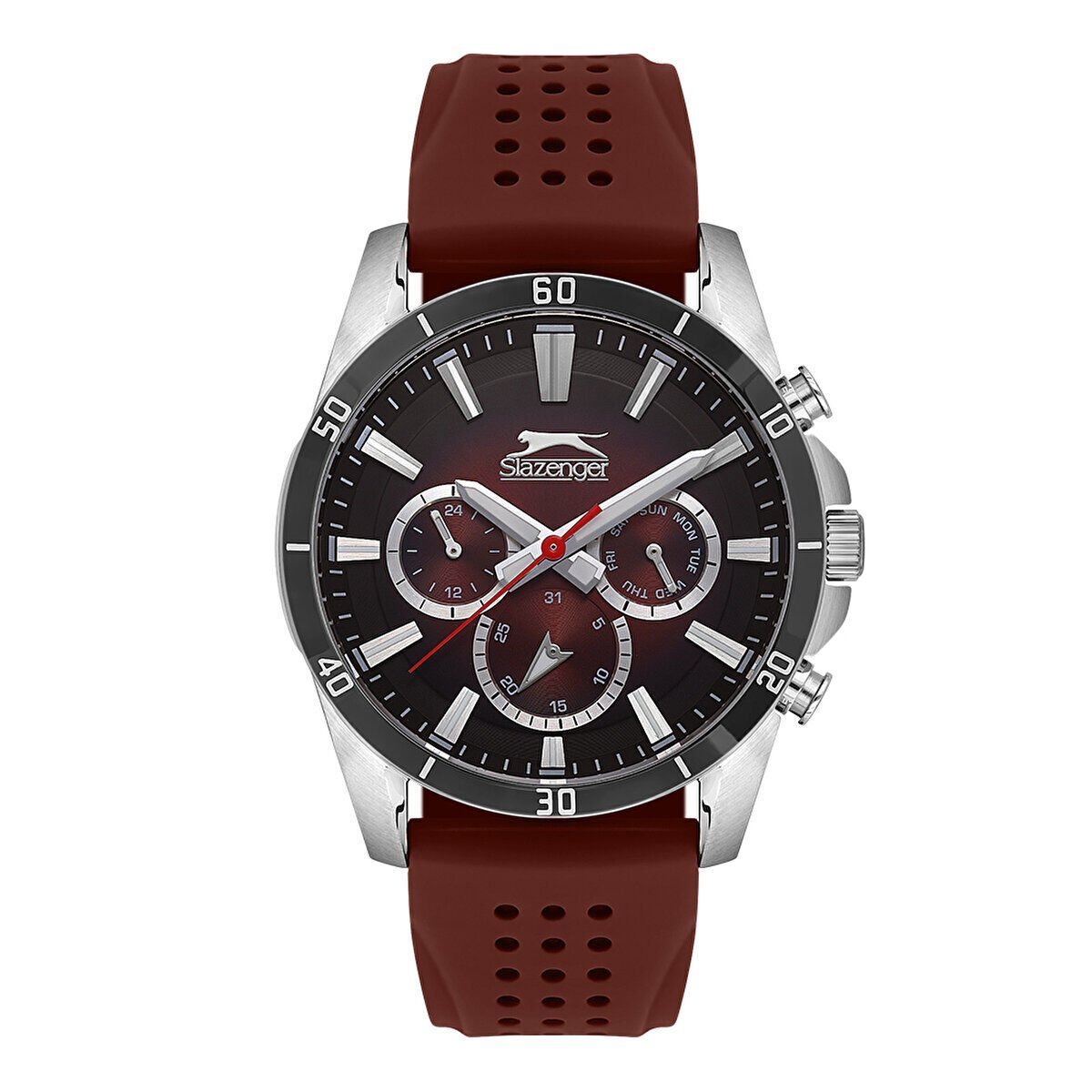 Slazenger Erkek Kol Saati 45 mm Bordo Silikon Kordon Bordo Kadran 5 ATM Mineral Cam