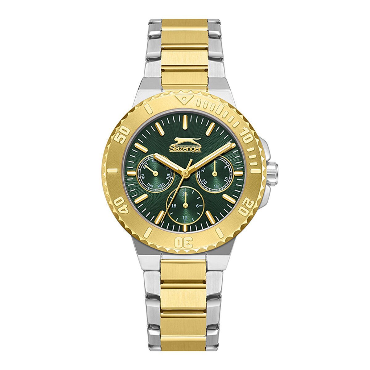 Slazenger Kadın Kol Saati – 36 mm, Altın Metal Kordon, Koyu Yeşil Kadran, 5 ATM