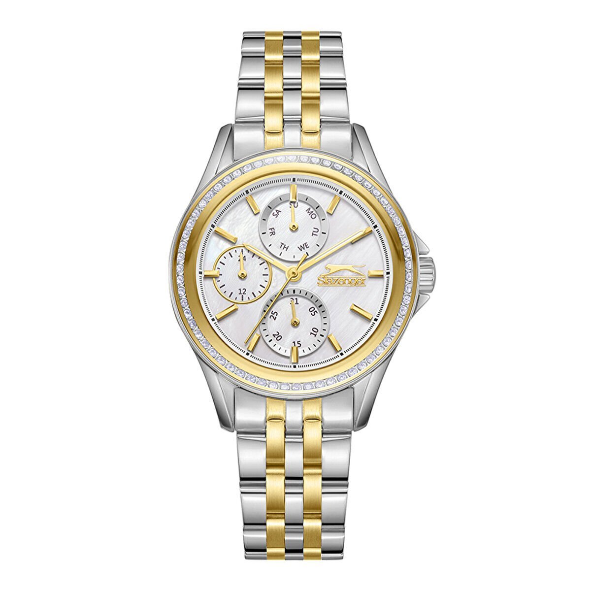 Slazenger Kadın Kol Saati 34 mm Beyaz Kadran Taşlı Kasa Gold Metal Kayış 5 ATM