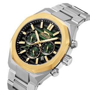 Slazenger Erkek Kol Saati – 43 mm, Gümüş Metal Kordon, Koyu Yeşil Kadran, 5 ATM