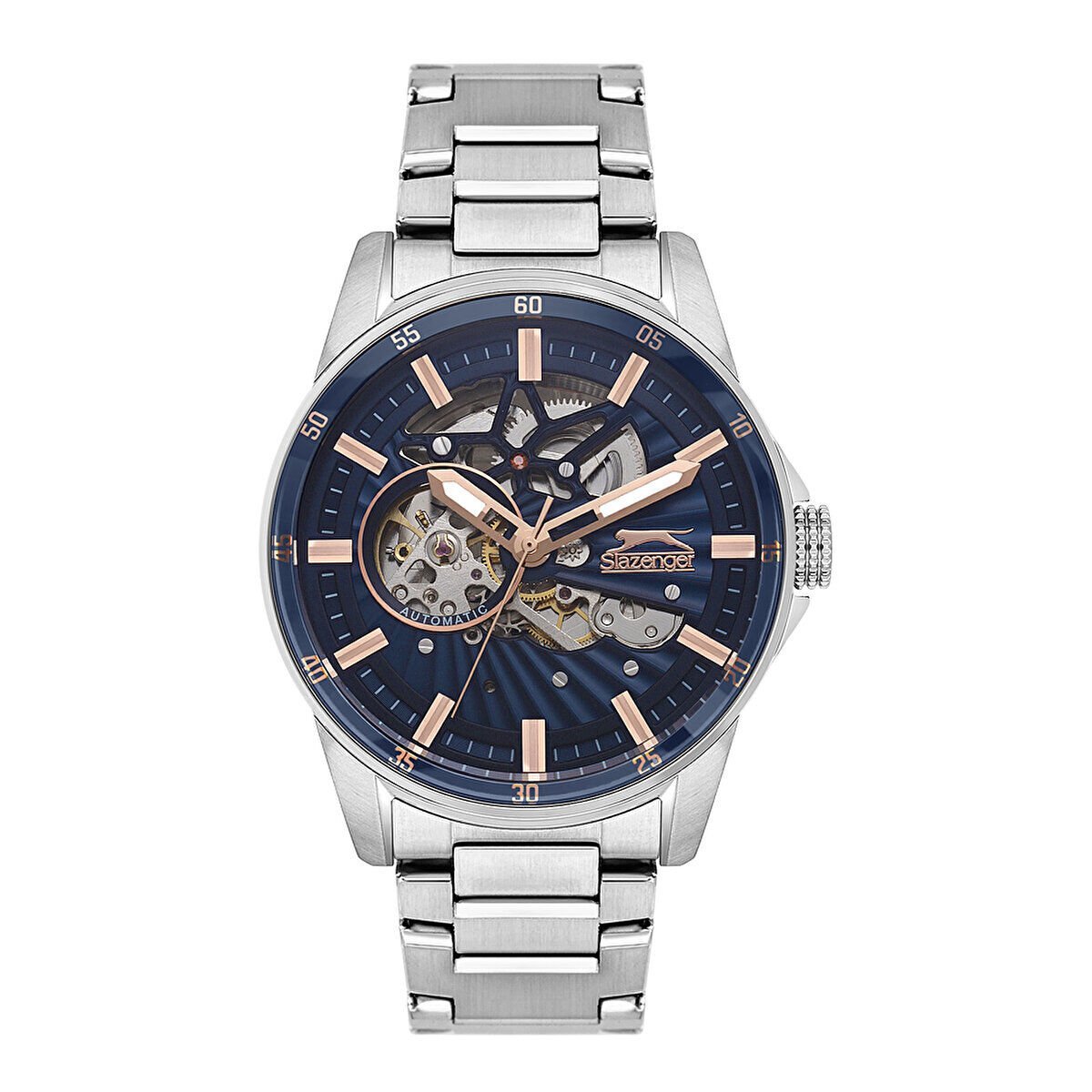 Slazenger Erkek Kol Saati – 44 MM, Gümüş Metal Kordon, Koyu Mavi Kadran, 10 ATM