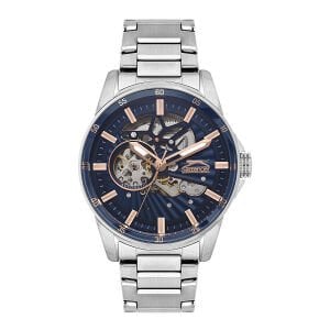 Slazenger Erkek Kol Saati – 44 MM, Gümüş Metal Kordon, Koyu Mavi Kadran, 10 ATM