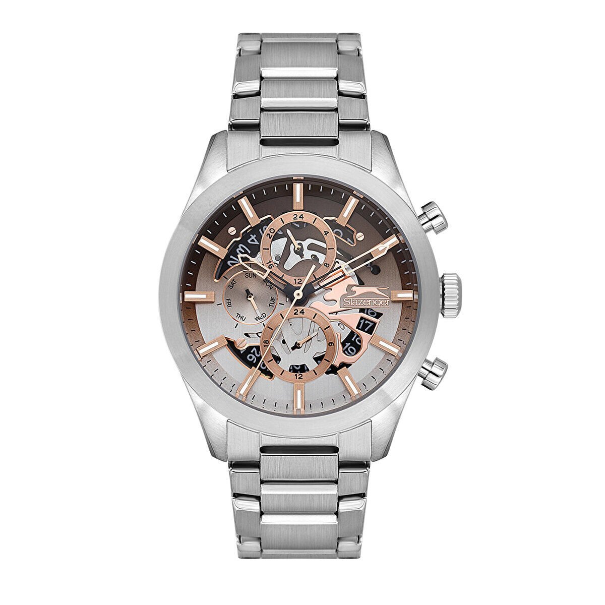 Slazenger Erkek Kol Saati – 43 MM, IPS Kordon, Beyaz & Kahverengi Kadran, 10 ATM Mineral Cam