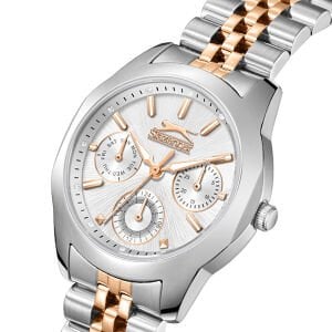 Slazenger Kol Saati – Rose Gold & Silver Kordon, Beyaz Taşlı Kadran, 5 ATM, Mineral Cam