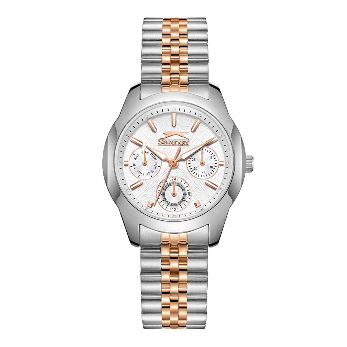 Slazenger Kol Saati – Rose Gold & Silver Kordon, Beyaz Taşlı Kadran, 5 ATM, Mineral Cam