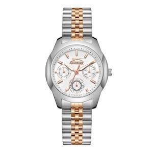 Slazenger Kol Saati – Rose Gold & Silver Kordon, Beyaz Taşlı Kadran, 5 ATM, Mineral Cam