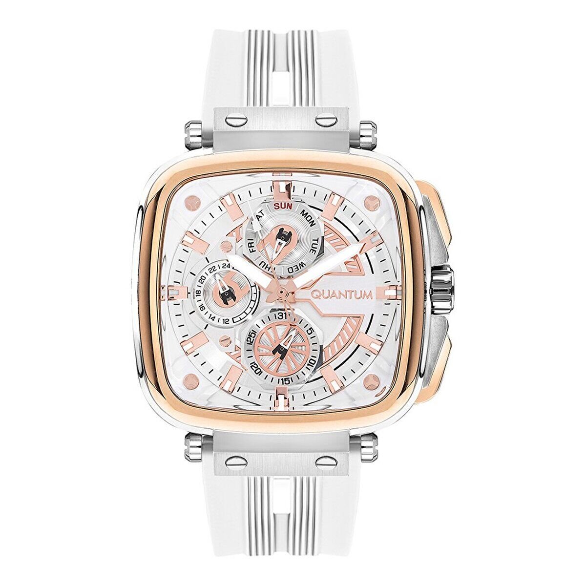 Quantum Erkek Kol Saati 44 MM Beyaz Silikon Kordon Multifonksiyon 5 ATM