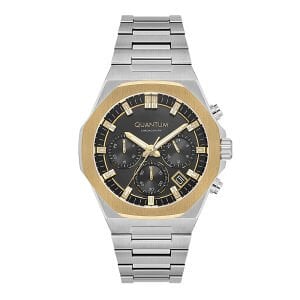 Quantum Erkek Kol Saati 44 MM Silver Metal Kordon Kronograf Mekanizma Gümüş Altın Kasa 10 ATM