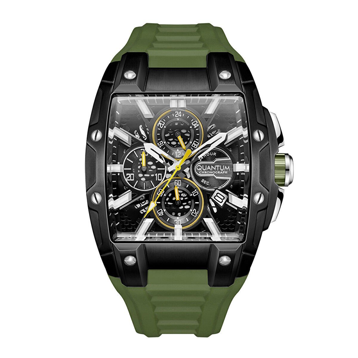 Quantum Erkek Kol Saati 43 MM Koyu Yeşil Silikon Kordon Siyah Kadran Kronograf Mekanizma 5 ATM