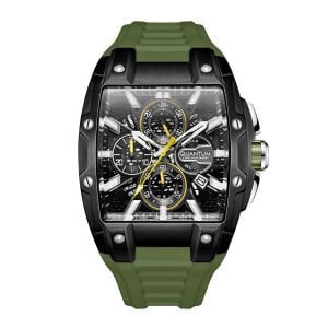 Quantum Erkek Kol Saati 43 MM Koyu Yeşil Silikon Kordon Siyah Kadran Kronograf Mekanizma 5 ATM