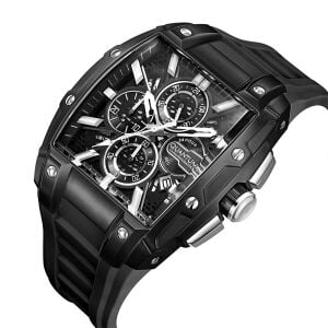 Quantum Erkek Kol Saati 43 MM Siyah Silikon Kordon Siyah Kadran Kronograf Mekanizma 5 ATM