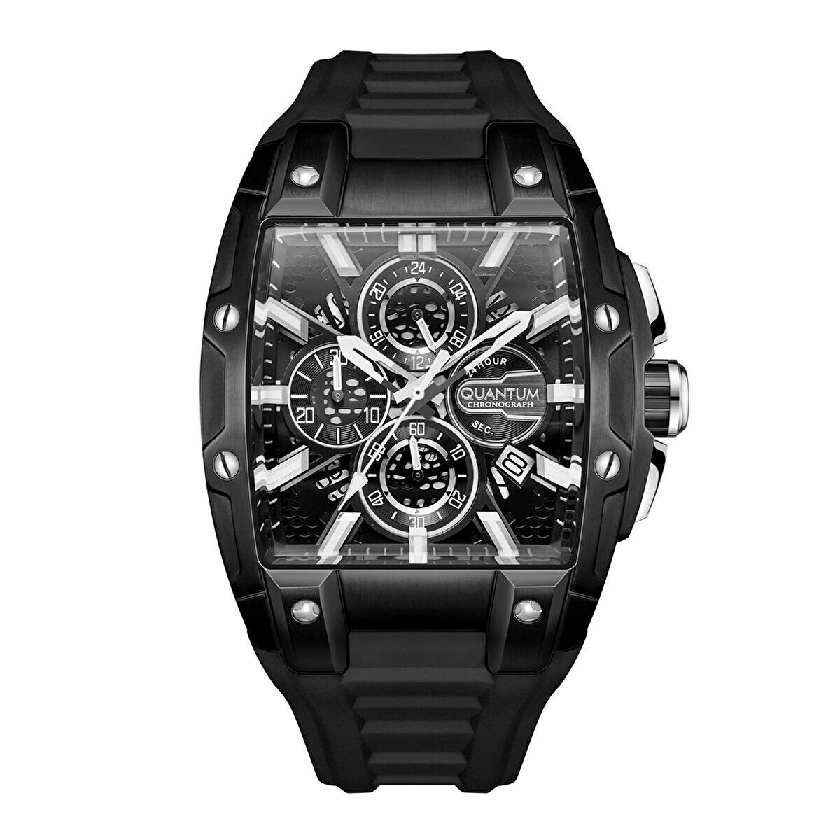 Quantum Erkek Kol Saati 43 MM Siyah Silikon Kordon Siyah Kadran Kronograf Mekanizma 5 ATM