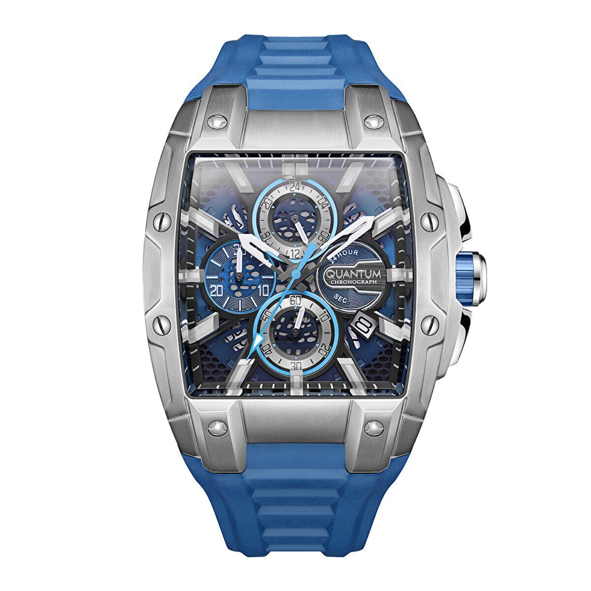 Quantum Erkek Kol Saati 43 MM Lacivert Silikon Kordon Siyah & Mavi Kadran Kronograf Mekanizma 5 ATM