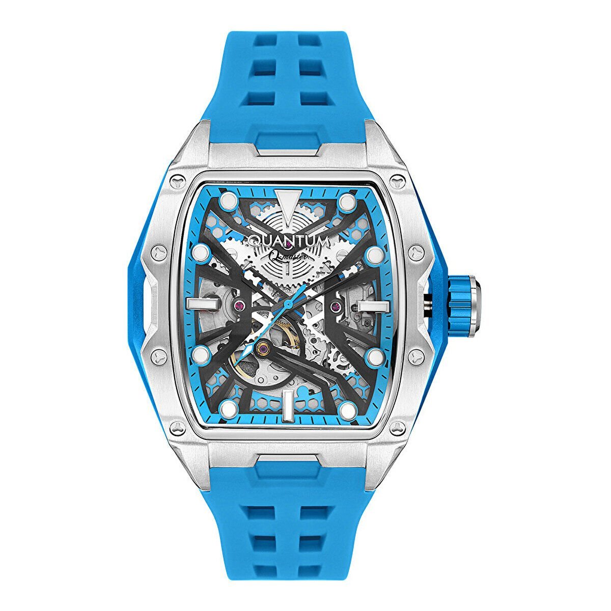 Quantum Erkek Kol Saati 46 MM Otomatik Mekanizma Mavi Silikon Kordon Paslanmaz Çelik Silver Kasa 5 ATM