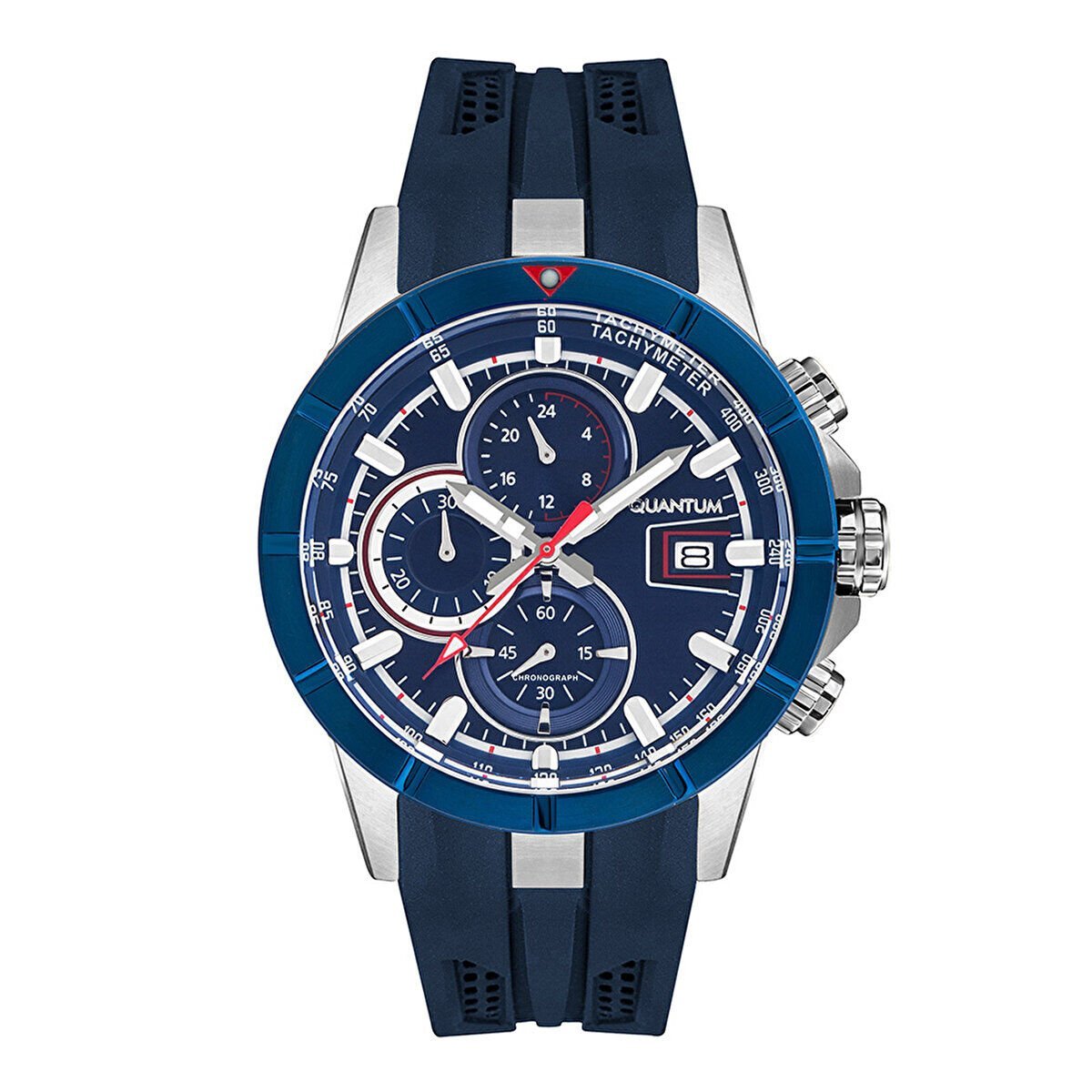 Quantum Erkek Kol Saati 47 MM Lacivert Silikon Kordon Multifonksiyon Mekanizma Paslanmaz Çelik Silver/Gun Kasa Su Geçirmez