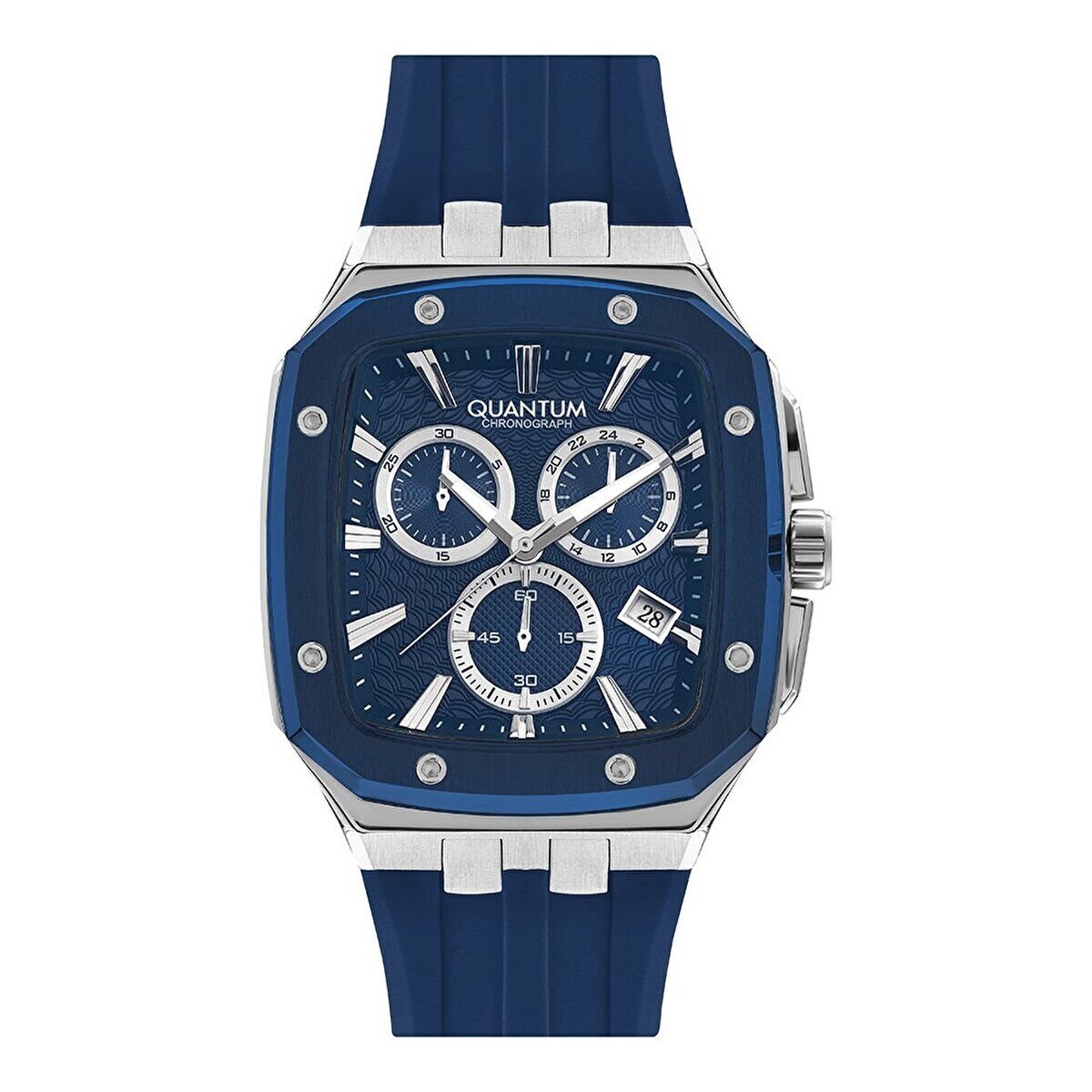 Quantum Erkek Kol Saati 44 MM Lacivert Silikon Kordon Chronograph Mekanizma Safir Cam Paslanmaz Çelik Gümüş/Mavi Kasa 10 ATM