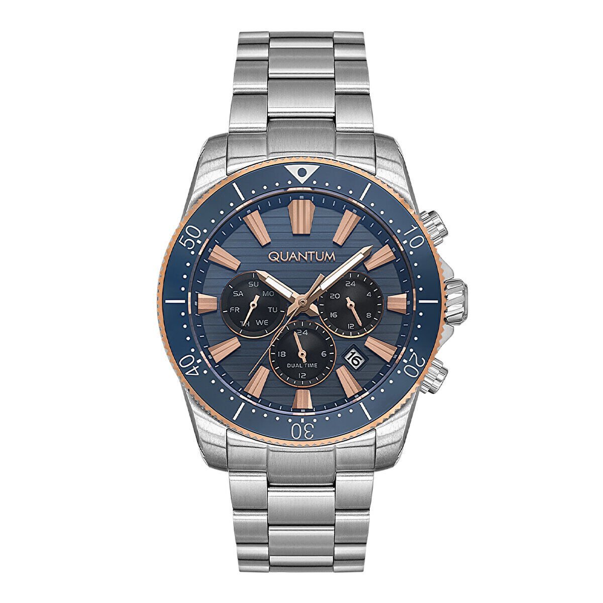 Quantum Erkek Kol Saati 42 MM Silver Kordon Paslanmaz Çelik Kasa Koyu Mavi Kadran Su Geçirmez 10 ATM
