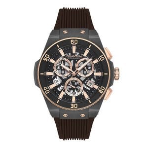 Quantum Erkek Kol Saati 46 MM Paslanmaz Çelik Kasa Koyu Kahverengi Silikon Kordon Kronograf Mekanizma Mavi Kaplamalı Cam 10 ATM