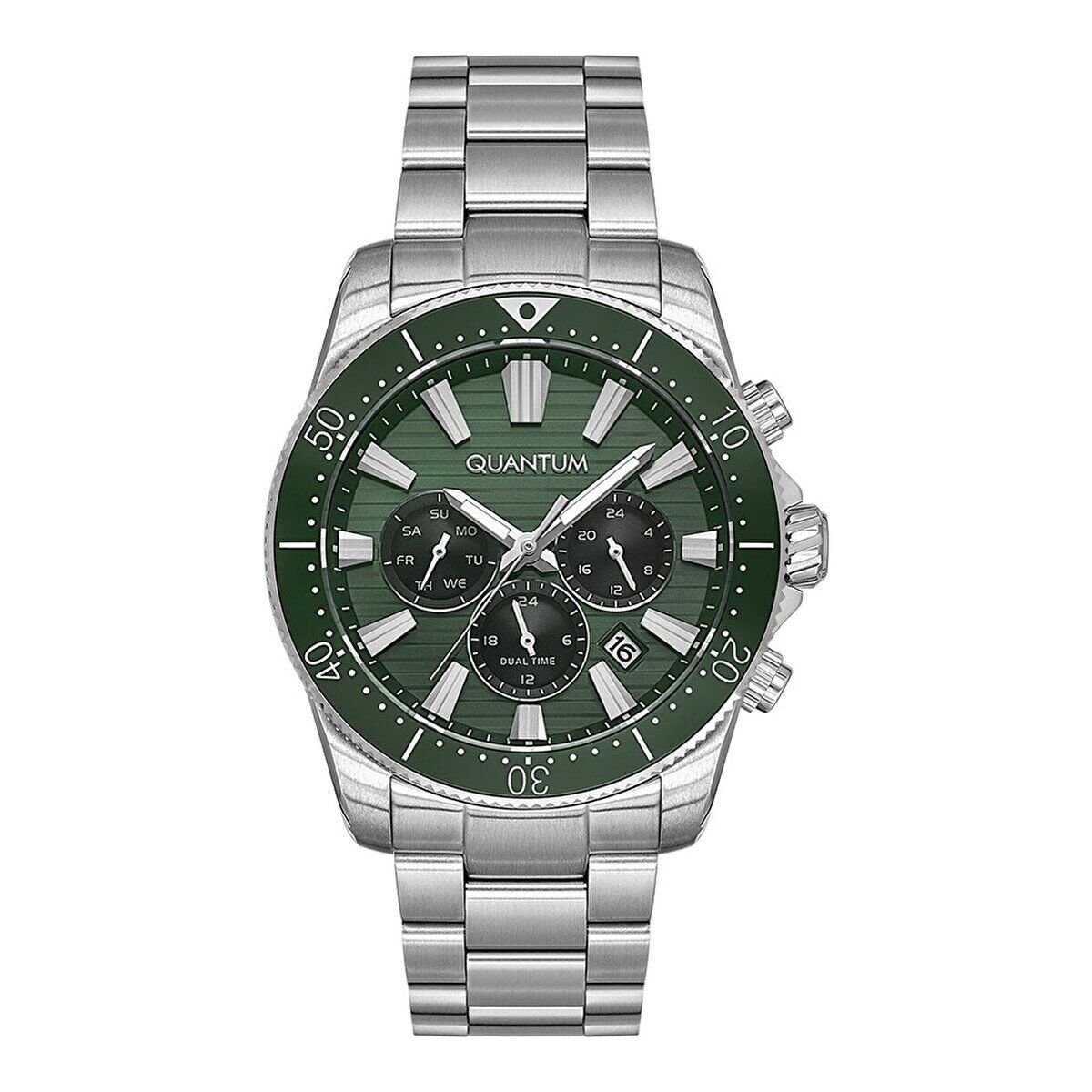 Quantum Erkek Kol Saati 44 MM Silver Kordon Paslanmaz Çelik Kasa Yeşil & Siyah Kadran Su Geçirmez 10 ATM