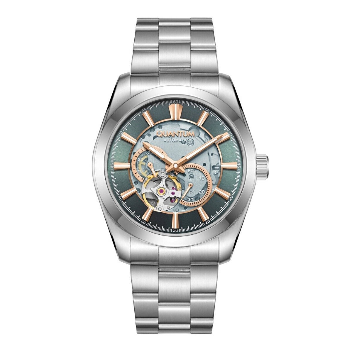 Quantum Erkek Kol Saati 41 MM Silver Kordon Safir Cam Otomatik Mekanizma Açık Yeşil Kadran 10 ATM