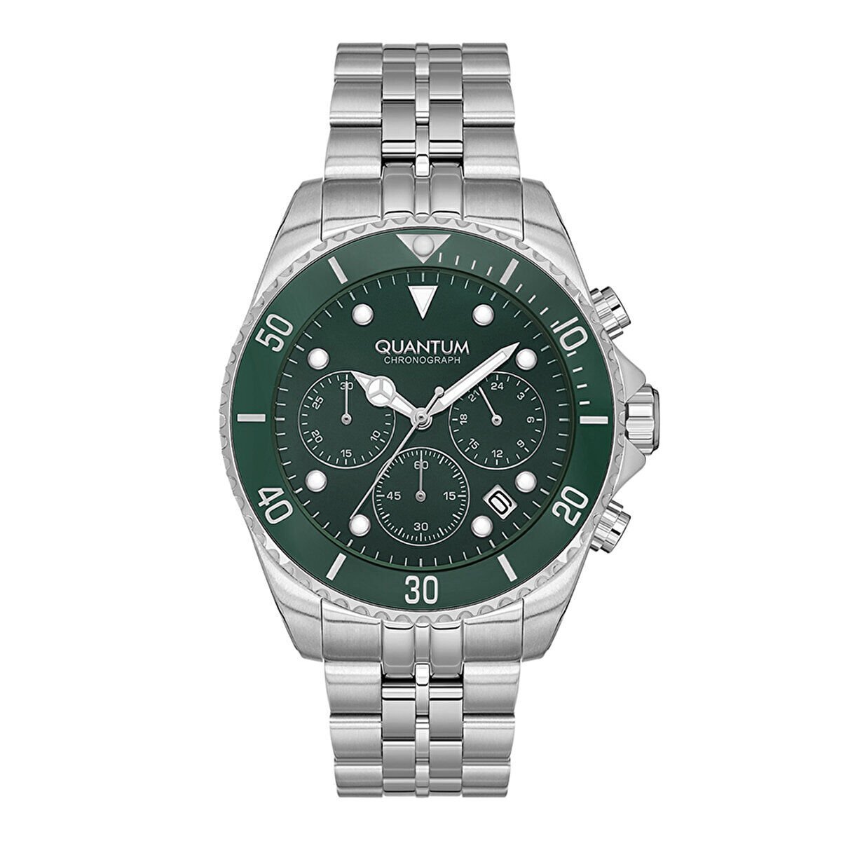 Quantum Erkek Kol Saati 44 MM Metal Kordon Kronograf Mekanizma Gümüş & Yeşil Kadran Mavi Kaplamalı Cam 10 ATM