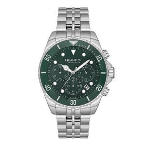 Quantum Erkek Kol Saati 44 MM Metal Kordon Kronograf Mekanizma Gümüş & Yeşil Kadran Mavi Kaplamalı Cam 10 ATM