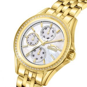 Slazenger Kadın Kol Saati Gold Çelik Kordon Beyaz Taşlı Kadran Mineral Cam Paslanmaz Çelik Kasa 5 ATM