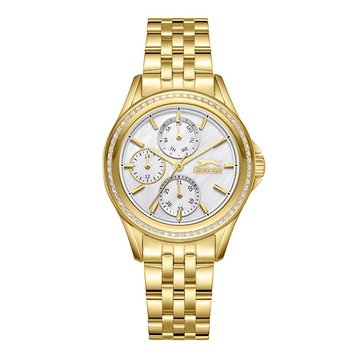 Slazenger Kadın Kol Saati Gold Çelik Kordon Beyaz Taşlı Kadran Mineral Cam Paslanmaz Çelik Kasa 5 ATM