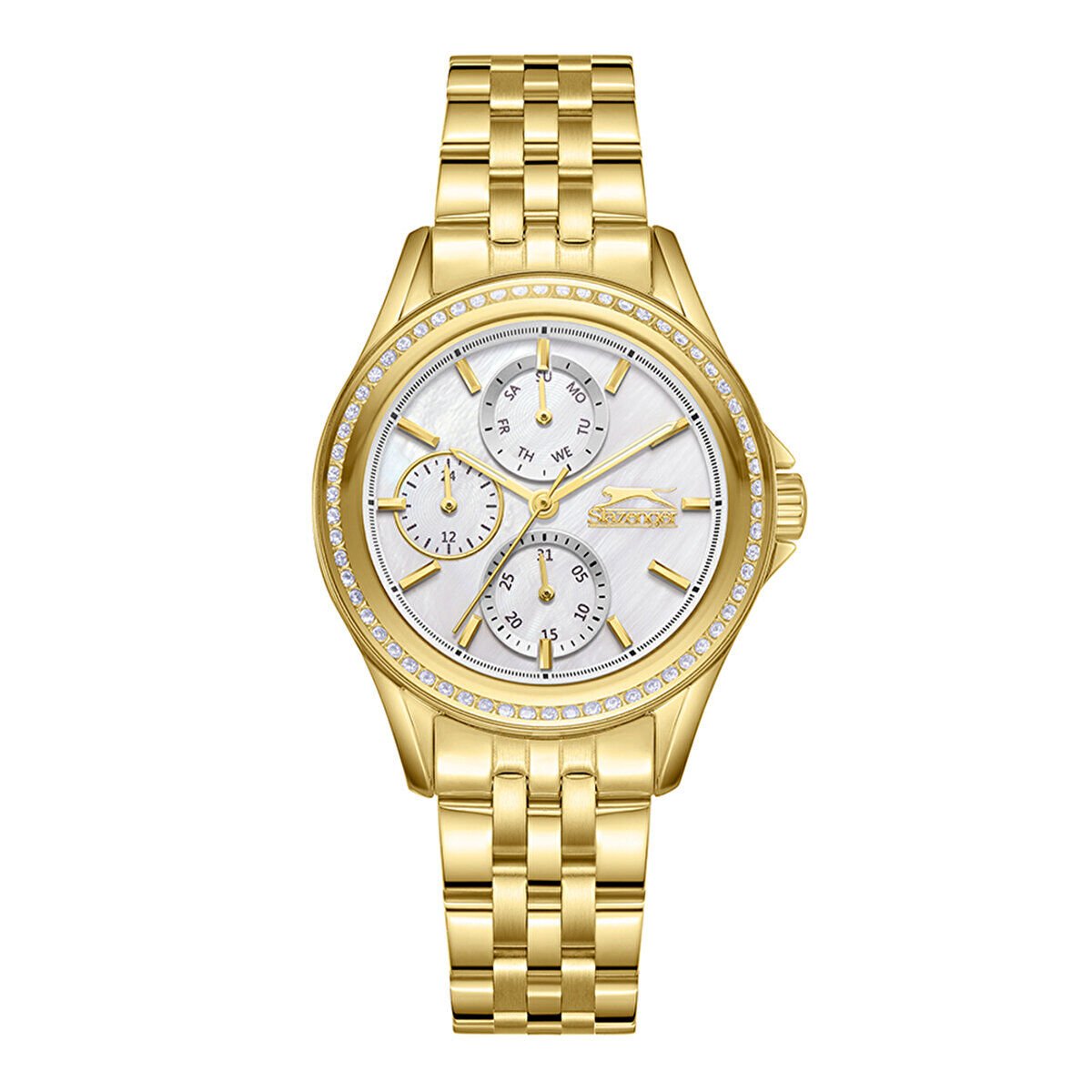 Slazenger Kadın Kol Saati Gold Çelik Kordon Beyaz Taşlı Kadran Mineral Cam Paslanmaz Çelik Kasa 5 ATM