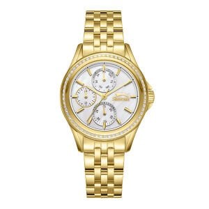 Slazenger Kadın Kol Saati Gold Çelik Kordon Beyaz Taşlı Kadran Mineral Cam Paslanmaz Çelik Kasa 5 ATM