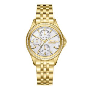 Slazenger Kadın Kol Saati Gold Çelik Kordon Beyaz Taşlı Kadran Mineral Cam Paslanmaz Çelik Kasa 5 ATM