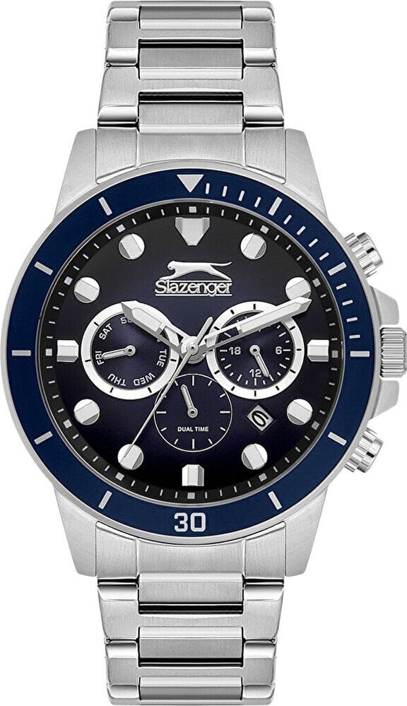 Slazenger Erkek Kol Saati Gümüş Kordon Siyah Mavi Kadran 10 ATM Mineral Cam