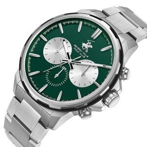 Beverly Hills Polo Club Erkek Kol Saati Gümüş Çelik Kordon Yeşil Gümüş Kadran Multifonksiyon 10 ATM 42 MM