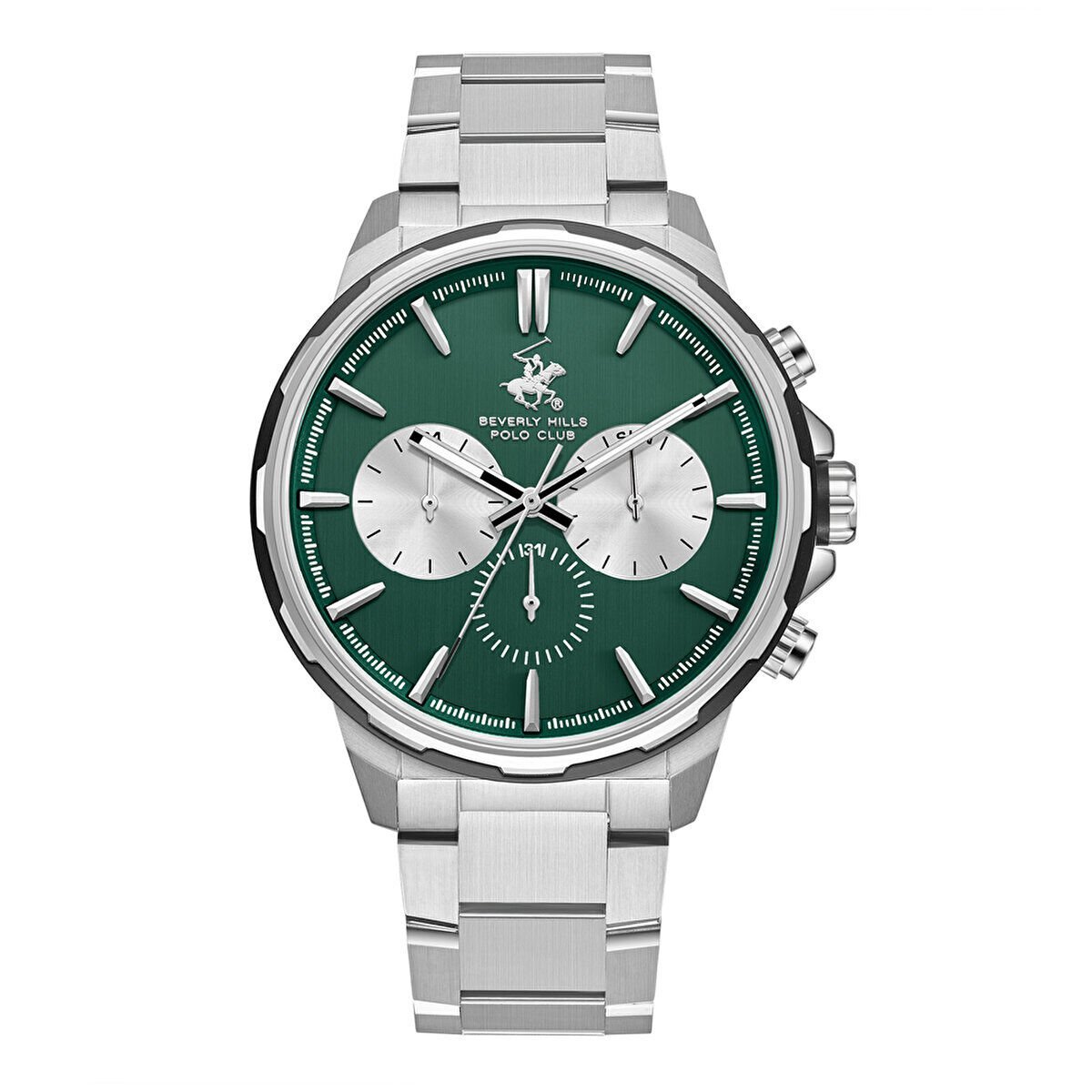 Beverly Hills Polo Club Erkek Kol Saati Gümüş Çelik Kordon Yeşil Gümüş Kadran Multifonksiyon 10 ATM 42 MM