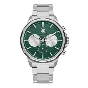 Beverly Hills Polo Club Erkek Kol Saati Gümüş Çelik Kordon Yeşil Gümüş Kadran Multifonksiyon 10 ATM 42 MM