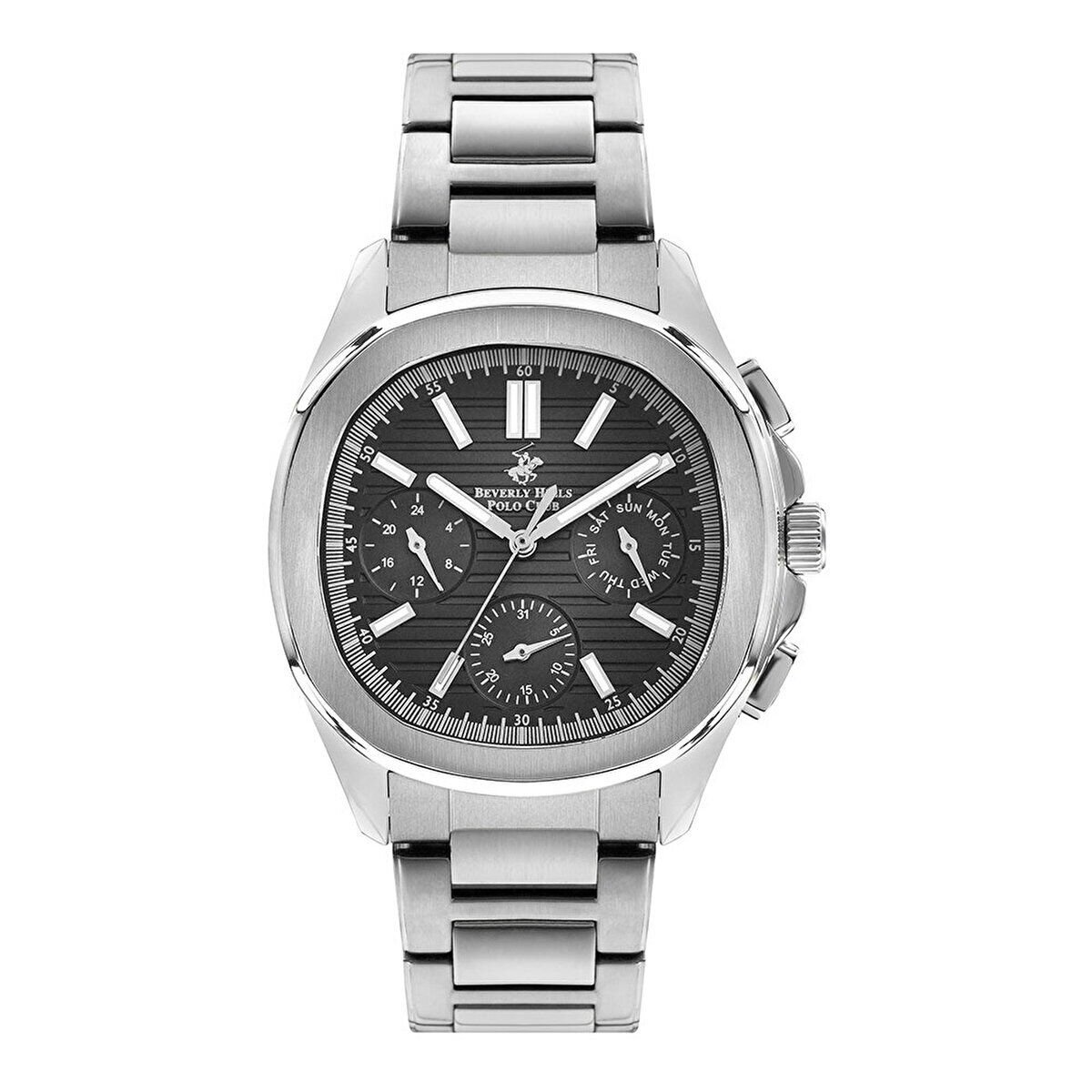 Beverly Hills Polo Club Erkek Kol Saati Silver Paslanmaz Çelik Kordon Gümüş Kadran Seramik Safir Kaplamalı Cam Multifonksiyon 42 MM 10 ATM