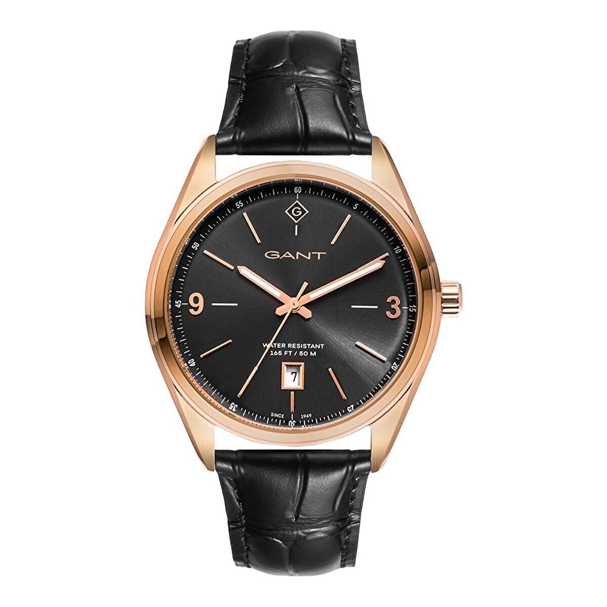 Gant Erkek Kol Saati Siyah Deri Kordon Siyah Kadran 42.5 MM Rose Gold Paslanmaz Çelik Kasa Mineral Cam 5 ATM