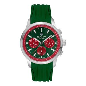 Gant Erkek Kol Saati Yeşil Silikon Kordon Gümüş Kasa Yeşil Kırmızı Kadran 44.5 MM Paslanmaz Çelik Mineral Cam 10 ATM