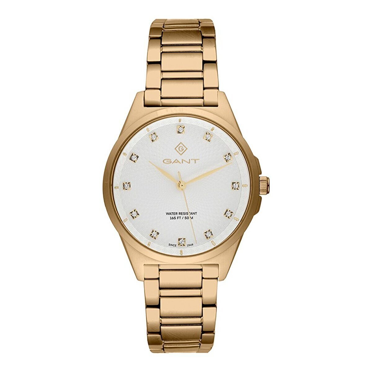 Gant Kadın Kol Saati 38 MM Taşlı Beyaz Kadran Altın Kasa Kordon Mineral Cam 5 ATM