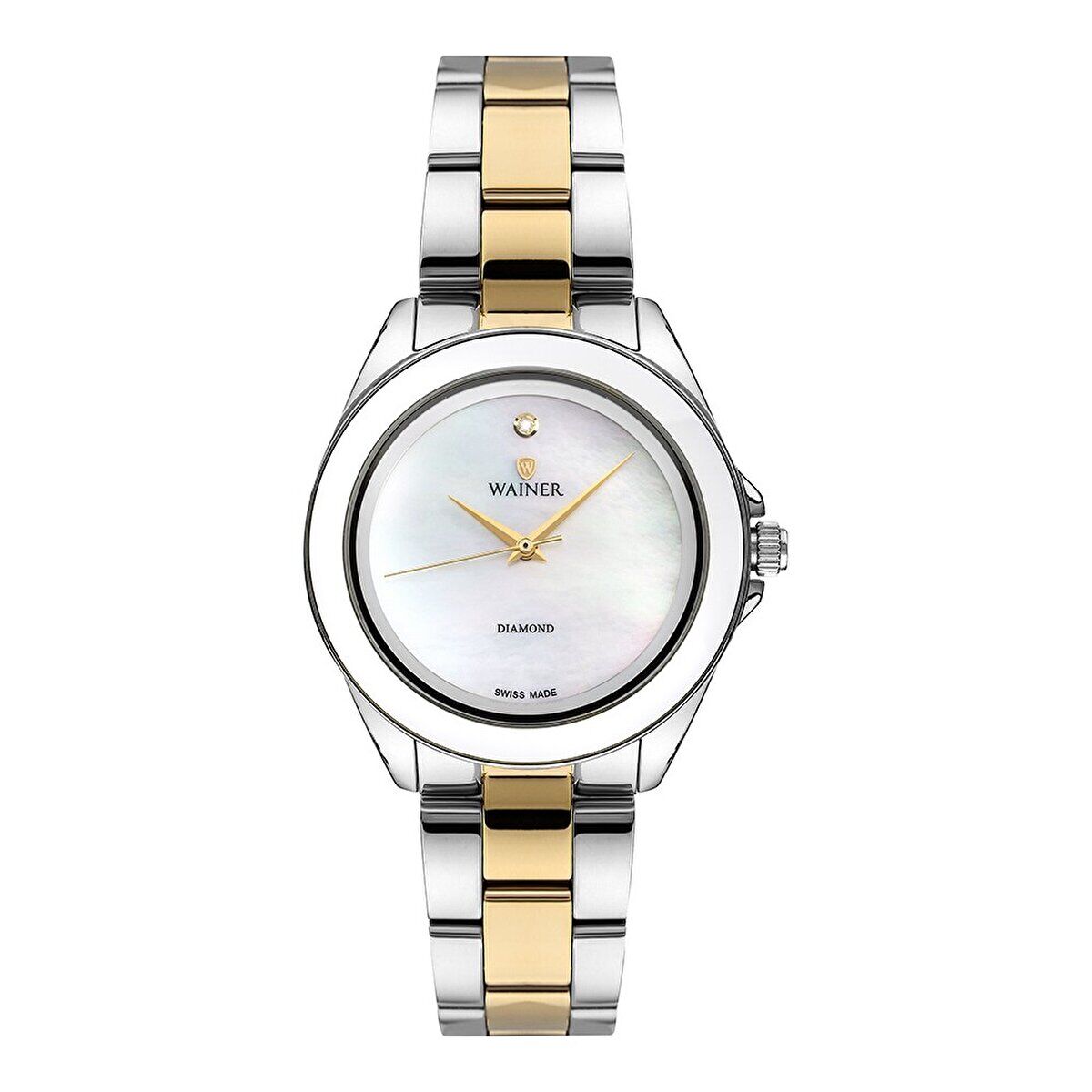 Wainer Diamond Kadın Kol Saati 36 MM Beyaz Kadran Altın Gümüş Kordon Safir Cam 5 ATM